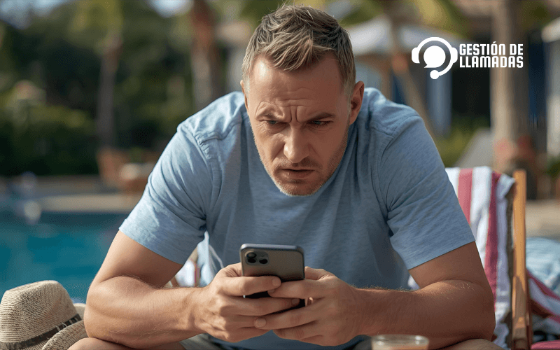 persona trabajando estresada con telefono movil durante vacaciones concepto burnout