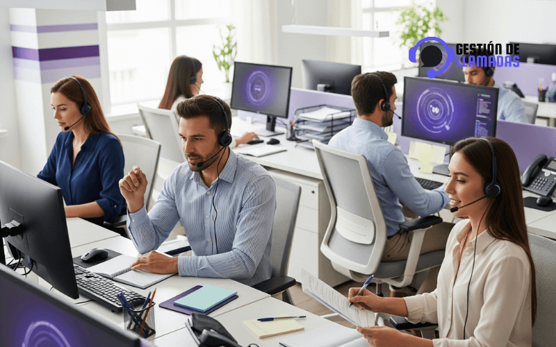equipo de agentes telemarketing trabajando en call center con documentos guion