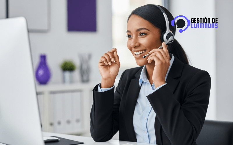 profesional telemarketing hablando por telefono con auriculares en oficina moderna