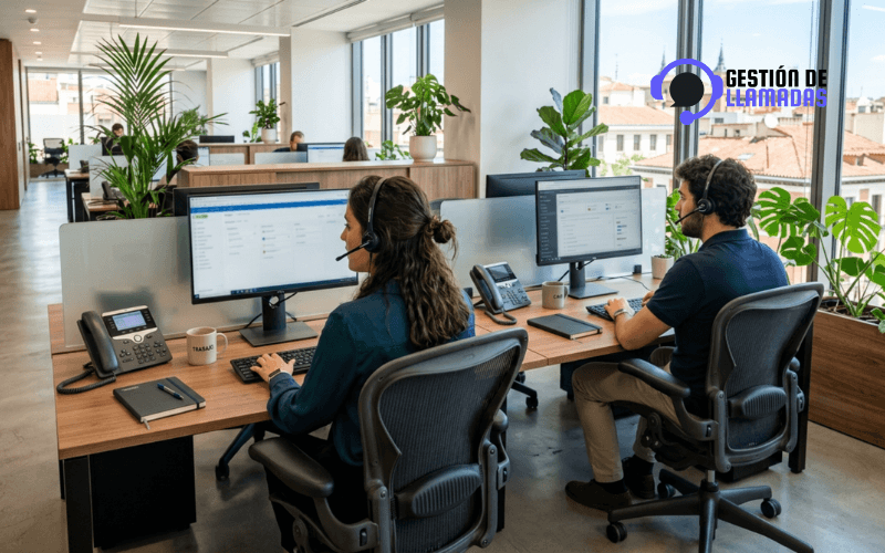 equipo de contact center trabajando en oficina moderna
