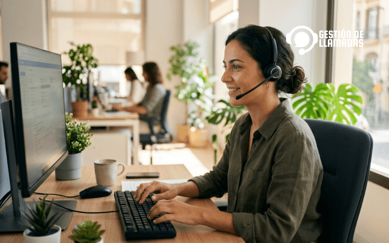 telesecretaria humana atendiendo llamada de empresa con auriculares en oficina