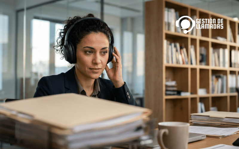telesecretaria atendiendo llamada confidencial en despacho de abogados