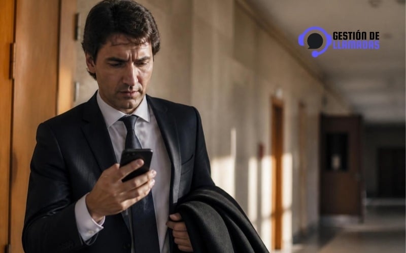 abogado mirando llamadas perdidas en el movil a la salida de una vista judicial