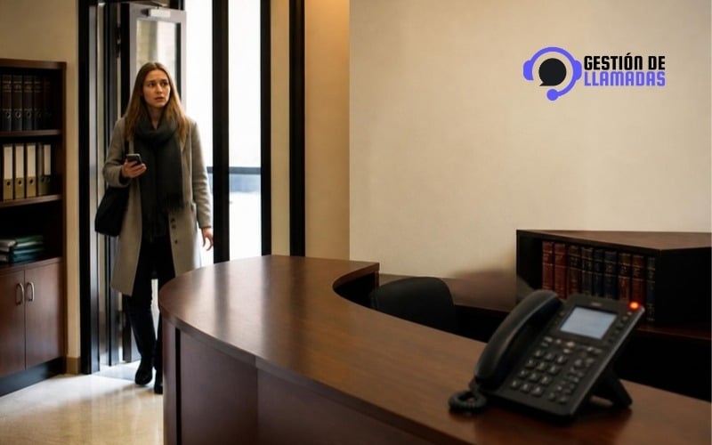 mostrador vacio de un despacho de abogados con telefono sonando y cliente esperando